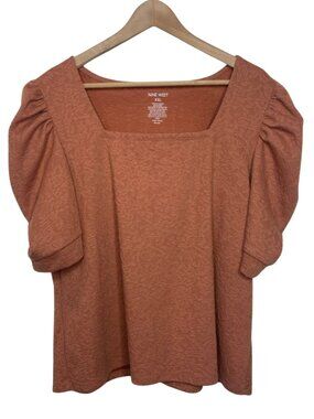 Nine West Women's Textured Square Neck Puff Sleeve Top Rust Orange XXL